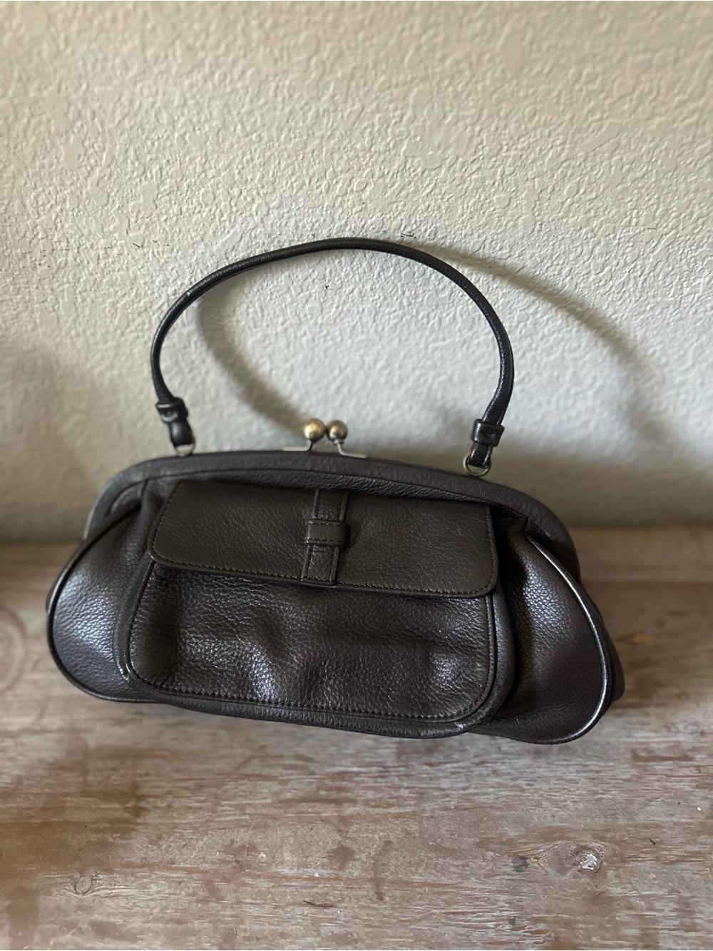 LOFT Dark Brown Pebbled Leather Kiss-Lock Shoulder Bag